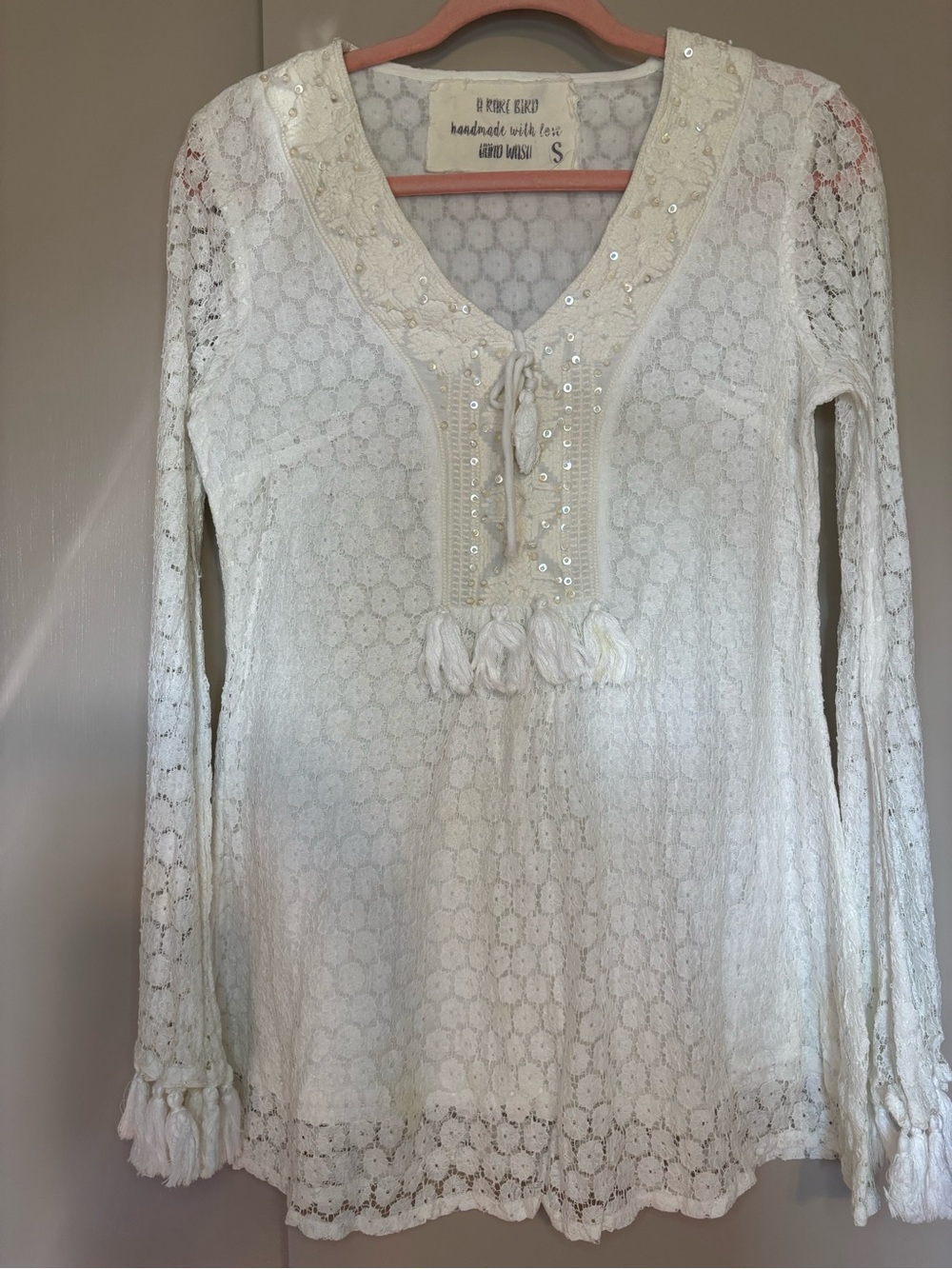 A Rare Bird Handmade White Lace Long-Sleeve Tassel Tunic Top Size small